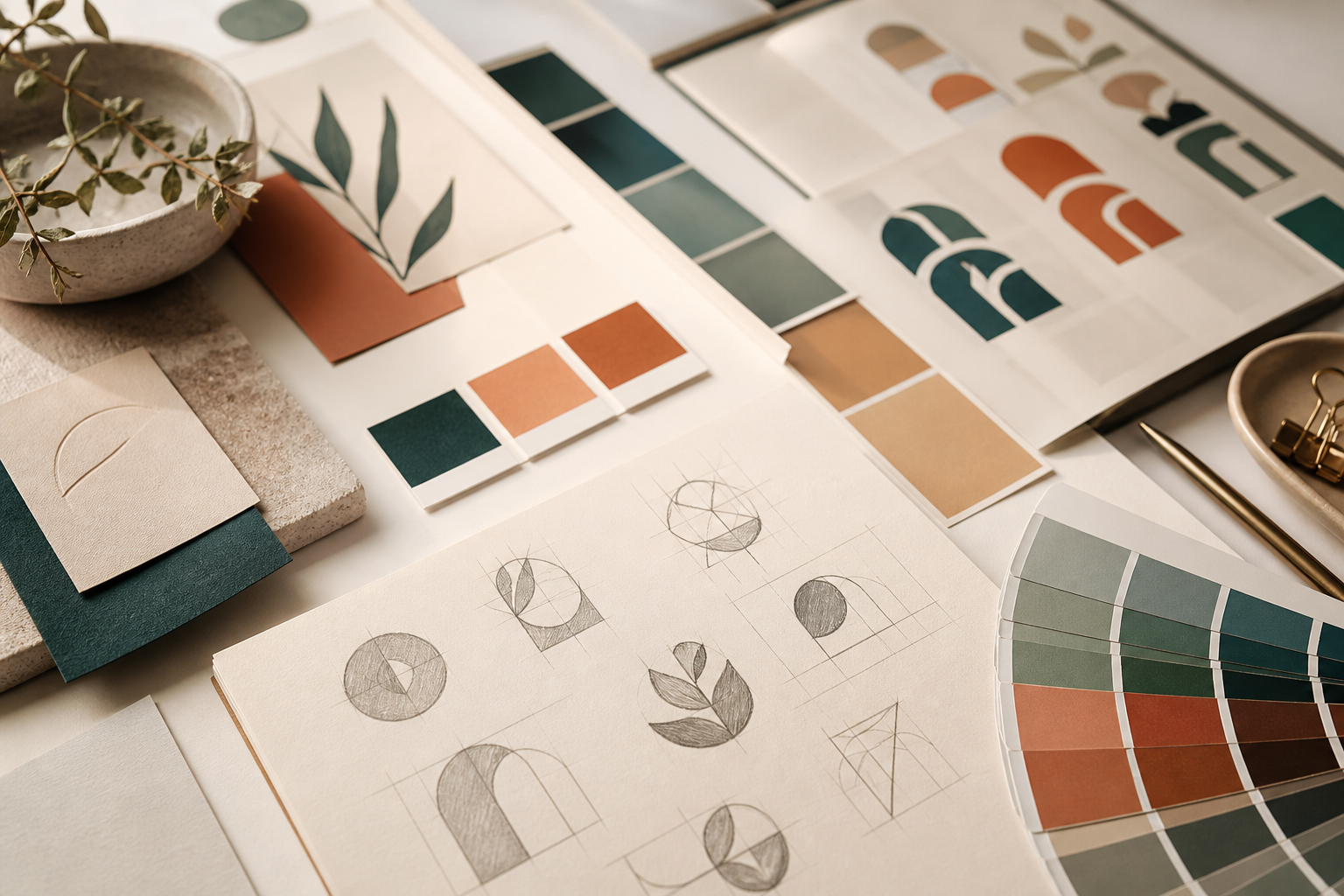 Brand identity workspace with typography and color samples on a design desk